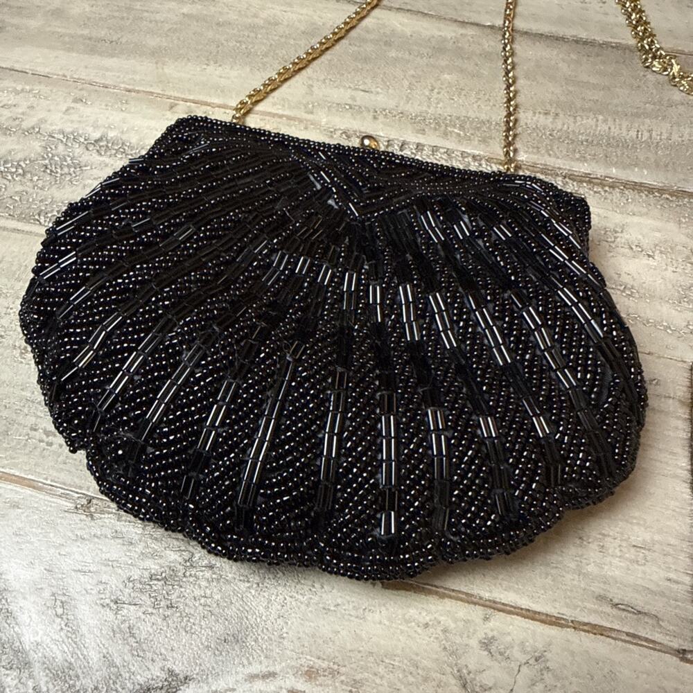 VTG Black Beaded Crossbody Purse Formal Hand made Gold Accents